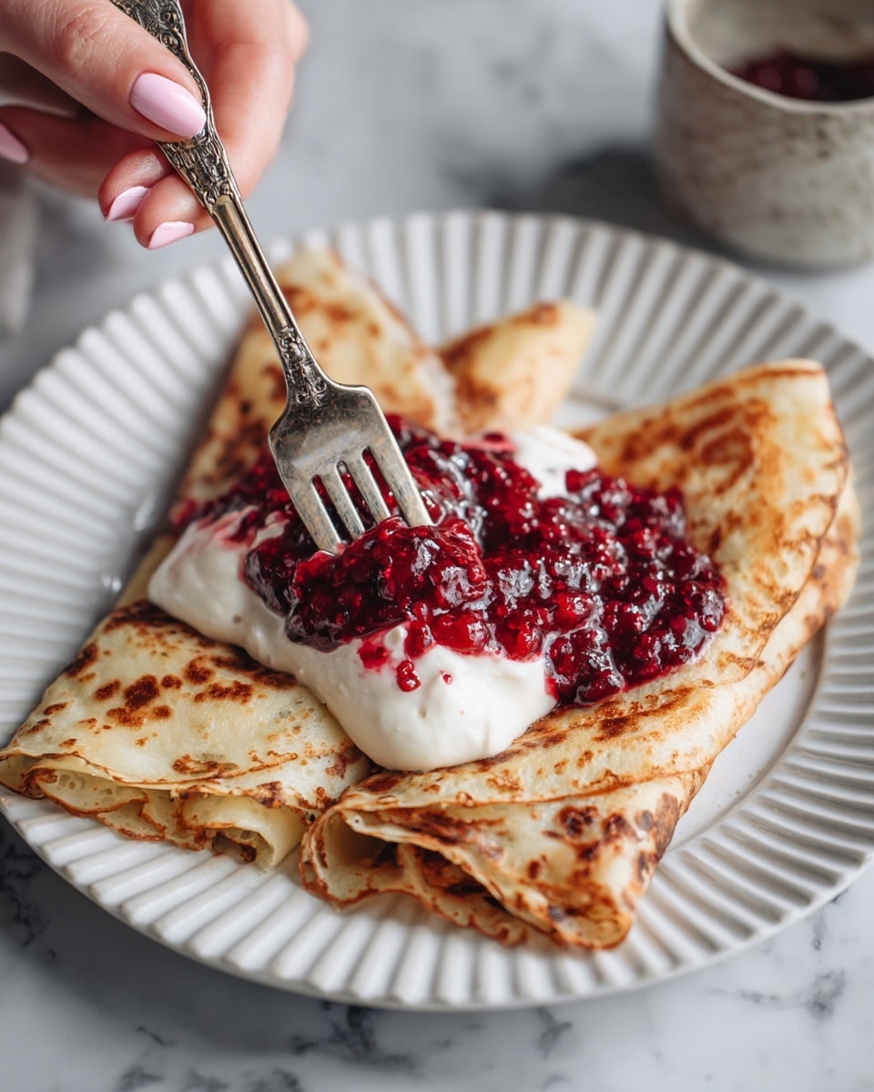 There are three thin crepes, golden brown with darker brown spots, neatly rolled and placed in a triangular form on a white plate with ridged edges. On top of the crepes is a thick dollop of smooth, white cream, covered with a chunky, dark red mixed berry compote that looks juicy and shiny. A woman's hand with light pink nails holds a fork that is cutting into one crepe, picking up some cream and berry compote. The plate is set on a white marbled surface, and part of a ceramic cup is visible in the upper right corner. photo taken with an iphone --ar 4:5 --v 7