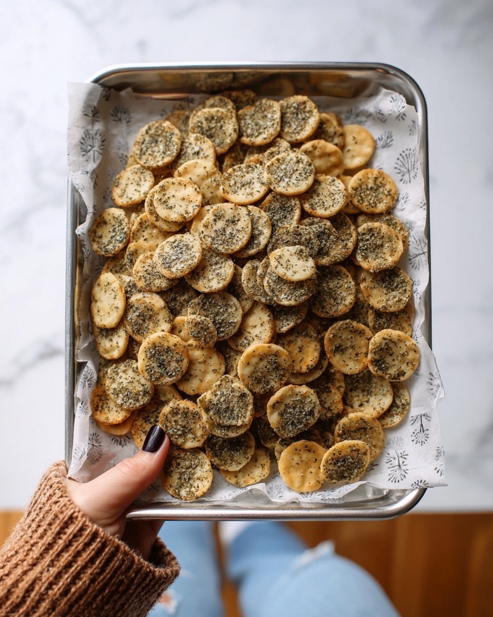 A silver metal tray holds a single layer of small, round crackers that are light golden brown with a slightly rough texture and are covered evenly with dark green herbs or seasoning. The tray is lined with white parchment paper that has a subtle printed pattern. At the bottom of the image, a woman's hand with dark nail polish grips the tray, and part of a cozy brown sweater and light blue jeans are visible. The tray is set against a white marbled surface. photo taken with an iphone --ar 4:5 --v 7