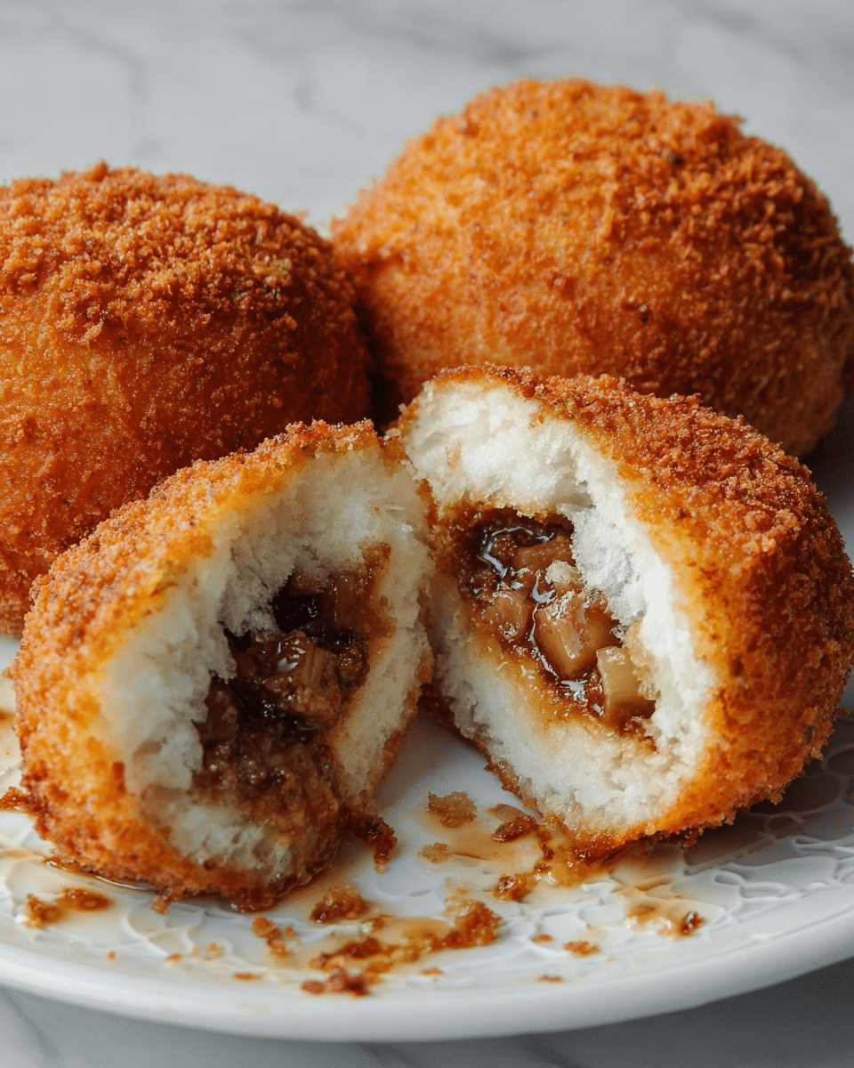 The image shows a close-up of fried bread buns with a crispy, deep golden-brown outer layer that is rough and crumbly. Two of the buns are whole, placed at the back on a white plate with a subtle pattern, while one bun in the front is cut in half, revealing a soft, fluffy white inner bread layer that is thick and plush. Inside the halves, there is a rich brown filling with visible chunks of meat and vegetables, giving a slightly glossy, thick texture. A few crumbs and drops of sauce are scattered on the white plate surface, which has a white marbled texture background. photo taken with an iphone --ar 4:5 --v 7