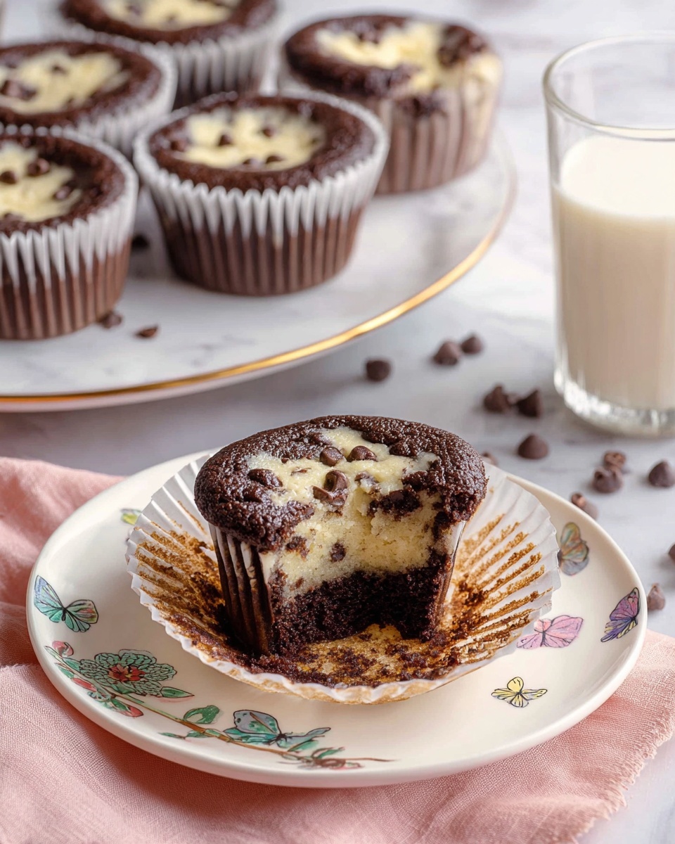 The image shows several small cupcakes cooling on a copper wire rack placed on a white marbled surface. Each cupcake has two visible layers; the bottom layer is a dark rich chocolate cake with a soft, slightly rough texture, and the top layer is creamy, pale yellow cheesecake with small chocolate chips embedded within it, creating an uneven swirl pattern where the two layers meet. The cupcakes are in white paper liners, and scattered chocolate chips can be seen on the marbled surface near the bottom right. photo taken with an iphone --ar 4:5 --v 7