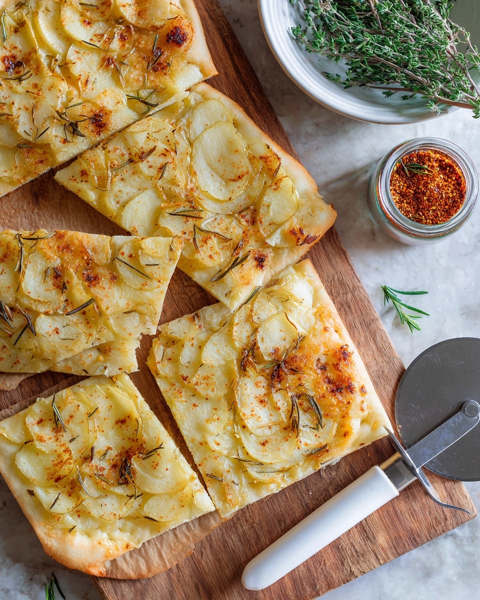 The dish is a rectangular flatbread topped with three even rows of thin, overlapping potato slices that are pale yellow with some golden brown spots from baking. Scattered across the top are small, thin, green rosemary leaves that add a fresh look. The flatbread base is golden and slightly puffed around the edges, showing crispiness. The whole dish sits on a white marbled surface. photo taken with an iphone --ar 4:5 --v 7