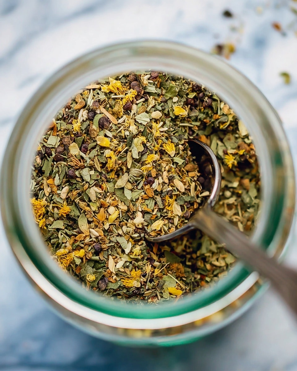 A close-up view into a clear glass jar filled with a colorful dry spice and herb mix showing chopped green leaves, yellow flower petals, and brown seeds all mixed together with a small silver spoon partially inside the jar’s top right side. The jar sits on a white marbled surface which softly contrasts with the herbs. Photo taken with an iphone --ar 4:5 --v 7