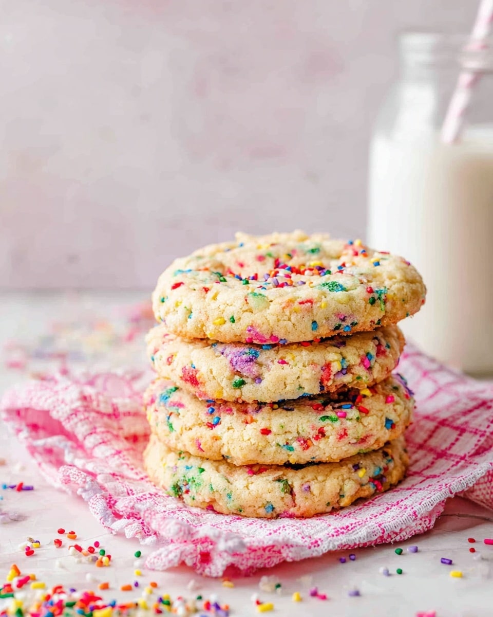A stack of four large, round cookies with a slightly rough texture sits on a pink and white checkered cloth, each cookie speckled with colorful rainbow sprinkles in red, blue, green, yellow, purple, and orange, giving a festive look; the cookies are pale golden brown with a soft, chewy appearance and some crisp edges. Around the cloth and on the white marbled surface, loose sprinkles are scattered adding extra color. In the background, slightly blurred, there is a glass bottle of white milk. The overall scene is bright and airy. photo taken with an iphone --ar 4:5 --v 7
