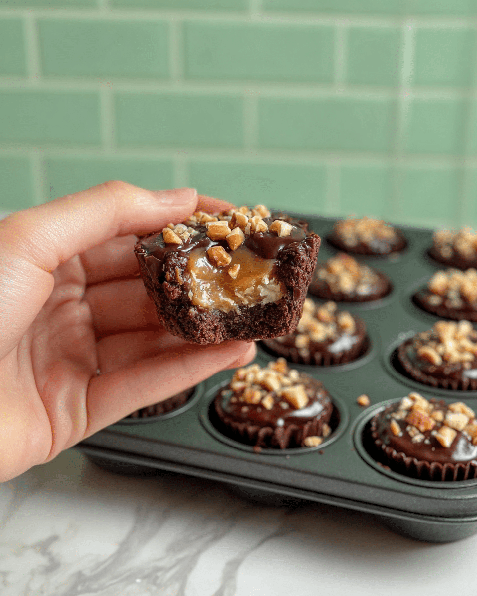 A woman's hand holds a small brownie cup with three visible layers: a dark brown, soft brownie base with a slightly crumbly texture; in the middle, a light brown, gooey caramel layer with chunks of nuts; and on top, a thick, shiny dark chocolate layer sprinkled with chopped nuts. In the background, there is a black metal muffin tray filled with more brownie cups, each topped with glossy dark chocolate and chopped nuts, all sitting on a white marbled surface with a light green brick wall behind. Photo taken with an iphone --ar 4:5 --v 7
