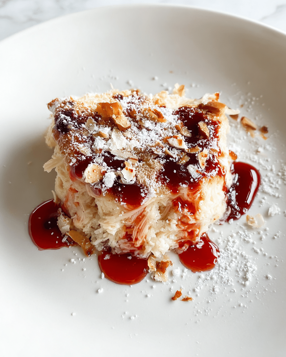 A close-up of a single slice of a baked dessert on a white plate, showing three main layers: the bottom layer is soft, folded slices of pink ham; the middle layer is thick, light beige bread or custard with a fluffy texture; and the top layer is a golden-brown baked crust with some darker spots. There is a bright red glossy sauce drizzled over the top and pooling slightly around the edges. A fine dusting of white powdered sugar is scattered both on the dessert and the plate, which sits on a white marbled surface. photo taken with an iphone --ar 4:5 --v 7