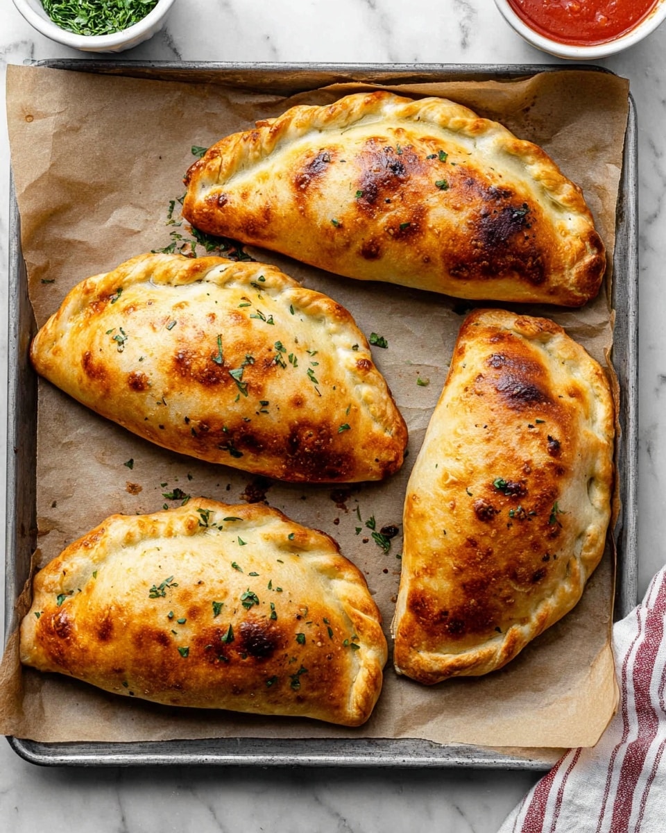 Four golden brown baked calzones rest on a baking sheet lined with light brown parchment paper; each calzone has a slightly shiny, crisp crust with darker brown spots and sprinkled small green herbs on top, their folded edges sealed and textured. The baking sheet is placed on a white marbled surface, with parts of a white bowl with green herbs at the top left and a white bowl with red sauce at the top right just visible. A striped cloth in white and red lays partially at the bottom right corner. Photo taken with an iphone --ar 4:5 --v 7