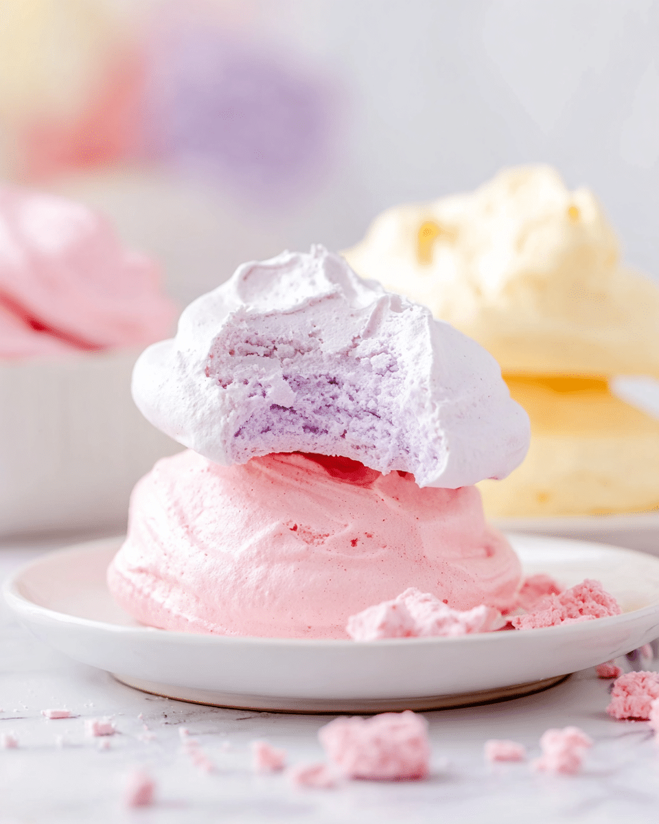 A white plate holds three meringue cookies stacked loosely, with the top cookie showing a bite taken out of it, revealing a light and airy lavender inside. Below the top is a smooth, soft-textured pink meringue, and behind them lies a pale yellow meringue, slightly out of focus. Around the plate, there are small pink meringue crumbs scattered on a white marbled surface. The background is softly blurred with hints of pastel colors, creating a bright and clean setting. Photo taken with an iphone --ar 4:5 --v 7