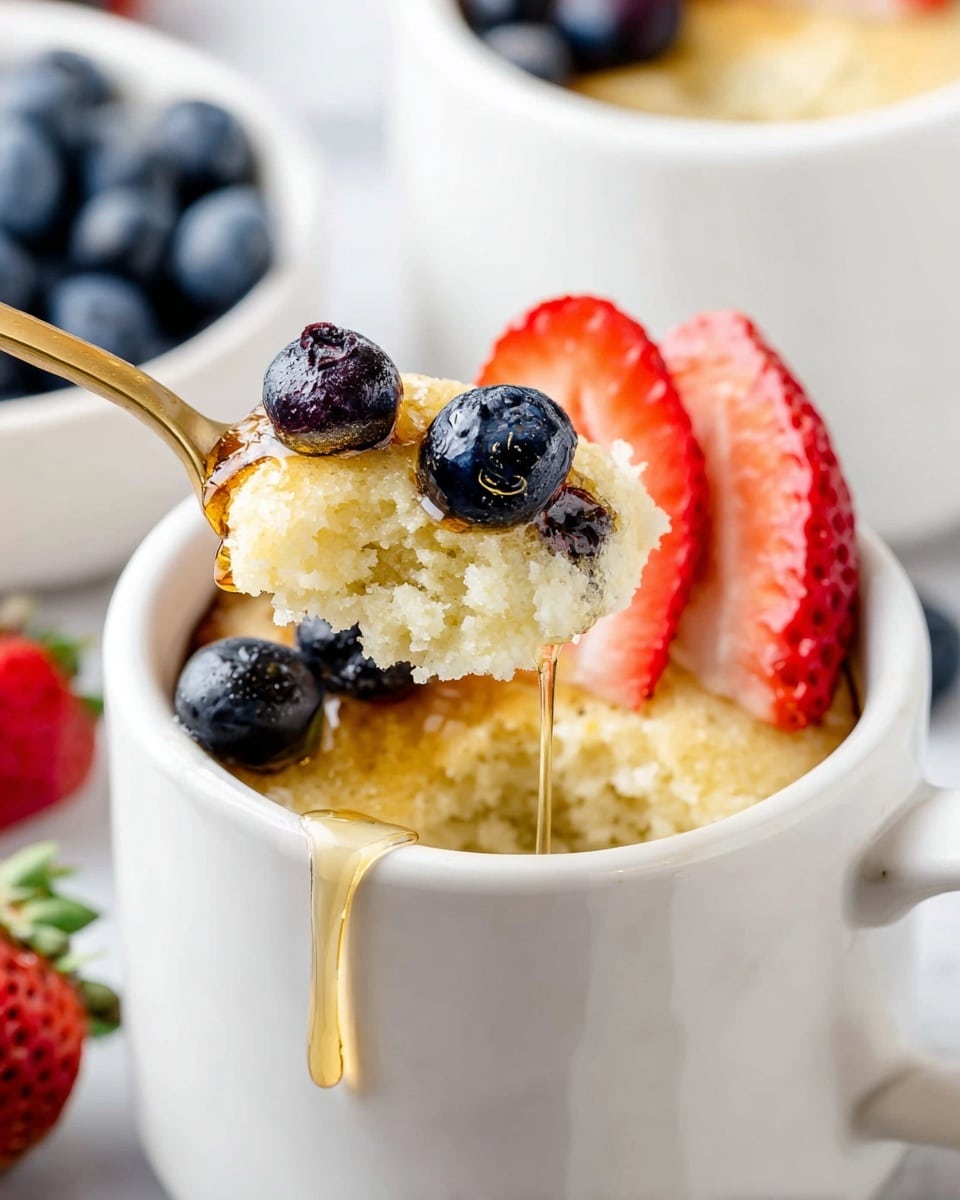 A white mug filled with a soft, golden brown cake layer at the bottom, topped with creamy light yellow butter or custard in the middle, and fresh red strawberry slices and dark blue blueberries placed on the top. A gold spoon lifts a piece of the cake showing its fluffy texture, with some blueberries on the spoon. Honey or syrup drips down the side of the cup onto a white marbled surface. In the blurred background, a white bowl filled with blueberries and another white mug with a similar dessert can be seen. Photo taken with an iphone --ar 4:5 --v 7