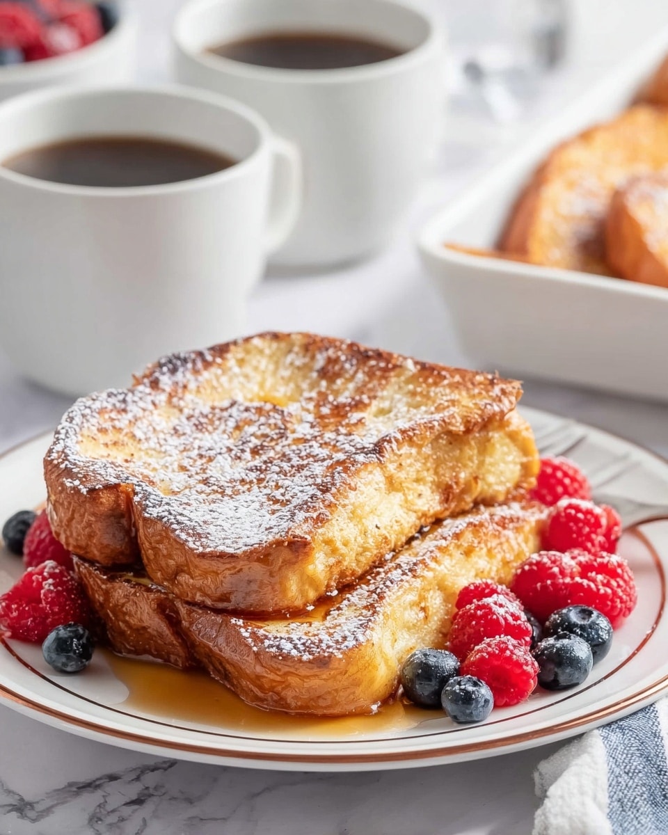 A thick sandwich made of two golden-brown toasted bread slices dusted with powdered sugar on top sits at the center of a white plate with a thin black rim. The sandwich has syrup dripping slightly onto the plate below. Around the sandwich, fresh red raspberries and dark blue blueberries are placed. In the background, two white cups filled with dark coffee are visible, along with a white bowl filled with more raspberries and blueberries, and a white rectangular baking dish holding more of the toasted bread slices. The setting is on a white marbled texture surface, with a soft, clean, bright light. Photo taken with an iphone --ar 4:5 --v 7