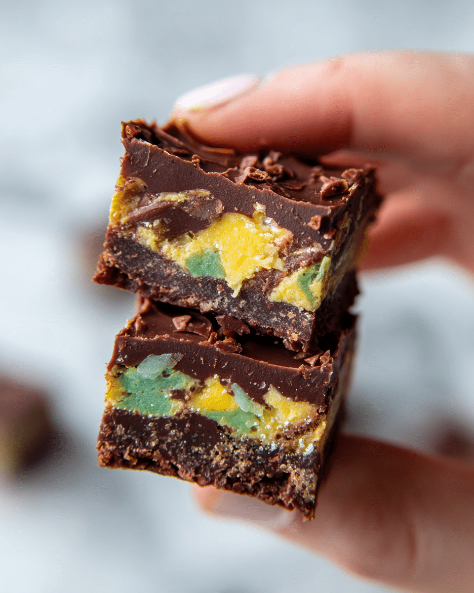 A close-up image of a small square layered dessert piece held by a woman's hand with fingers gently pinching the top edges. The dessert has two visible layers: a top layer of dark brown, textured chocolate that looks slightly cracked, and a bottom layer mixing dark brown chocolate with bright yellow and green chunks, giving it a marbled effect. Another similar dessert square is stacked below it, slightly out of focus, set against a soft, white marbled background. Photo taken with an iphone --ar 4:5 --v 7