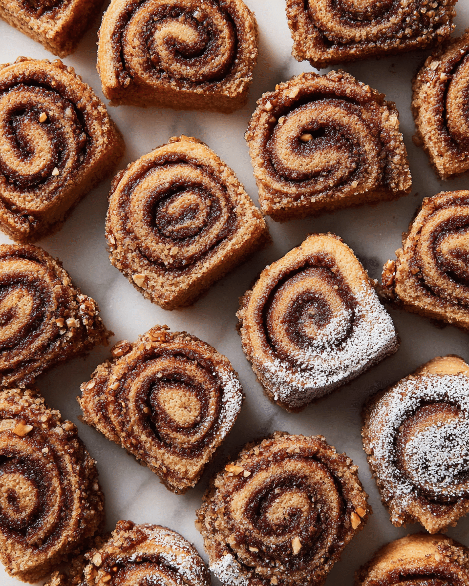 Multiple small cinnamon roll pieces are spread out on a white marbled surface. Each roll is cut into a cube shape showing three main layers: a light brown dough layer, a dark brown cinnamon swirl layer inside, and a crumbly topping with some sprinkled cocoa nibs or cinnamon bits. Some rolls have a light dusting of powdered sugar on top, adding contrast to the brown tones. The texture looks soft and slightly crumbly on the outside, with a smooth swirl pattern inside. The rolls are placed close together but not touching, filling the frame evenly. Photo taken with an iphone --ar 4:5 --v 7