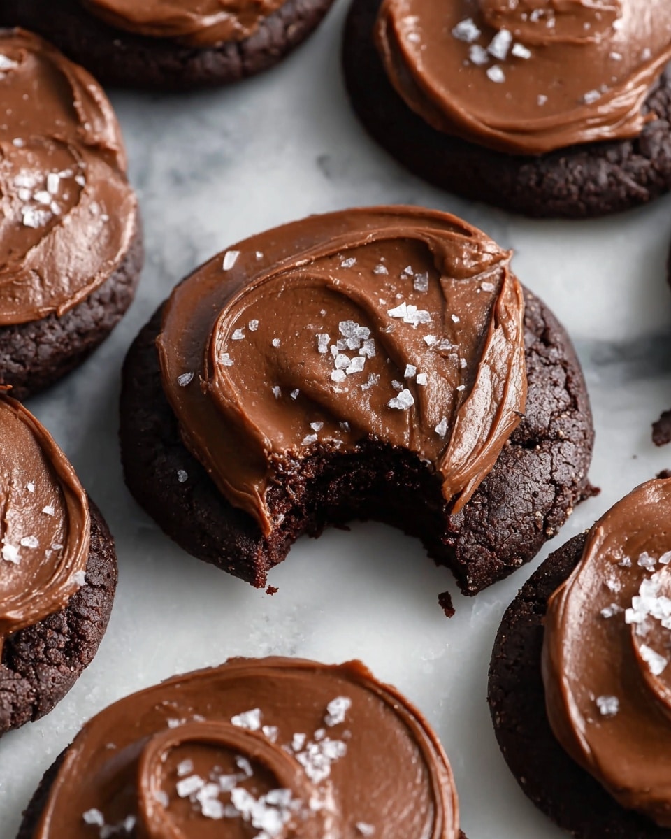 The image shows several thick chocolate cookies topped with a smooth, glossy layer of chocolate frosting on a white marbled surface. Each cookie has one layer of dark, rich chocolate cookie base with a dense, soft texture, and a thick layer of shiny, creamy chocolate frosting spread evenly on top. Large flakes of white sea salt are sprinkled on the frosting, adding a contrasting texture and color. One cookie in the center has a bite taken out, revealing the moist, fudgy inside. The overall focus is close up, showing the fine details of the frosting swirls and cookie crumb. photo taken with an iphone --ar 4:5 --v 7