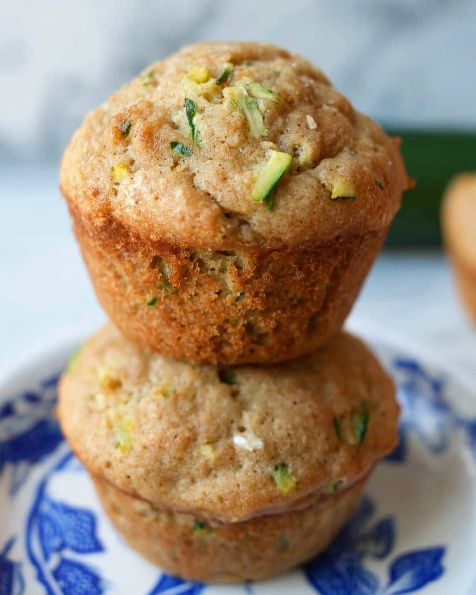 The image shows two muffins stacked on top of each other against a white marbled background. The muffin on the top is cut in half, revealing three layers inside: the bottom layer is a light brown with green flecks, the middle layer is a thick, creamy white filling, and the top layer is the same light brown batter with visible green bits, slightly crumbly in texture. The muffin on the bottom is whole with a golden-brown surface that has small green pieces embedded in it. Photo taken with an iphone --ar 4:5 --v 7