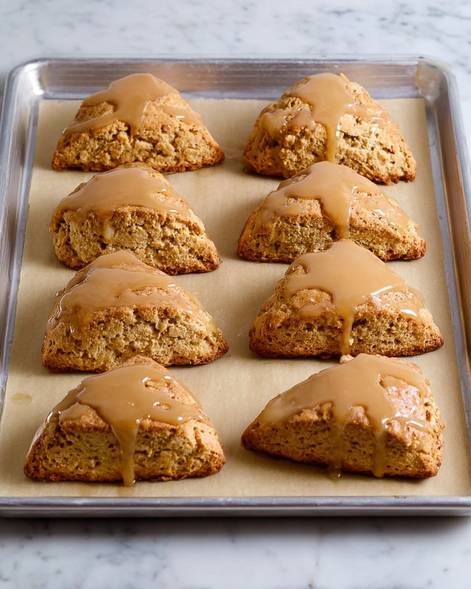 Twelve triangular scones arranged in three rows on a parchment-lined silver baking tray, each scone topped with a glossy, light brown glaze that gently drips over the edges. The scones have a rough, crumbly texture and a golden-brown color that contrasts with the smooth, slightly darker glaze. The baking tray sits on a white marbled surface, adding a clean and bright backdrop to the warm tones of the baked scones. photo taken with an iphone --ar 4:5 --v 7