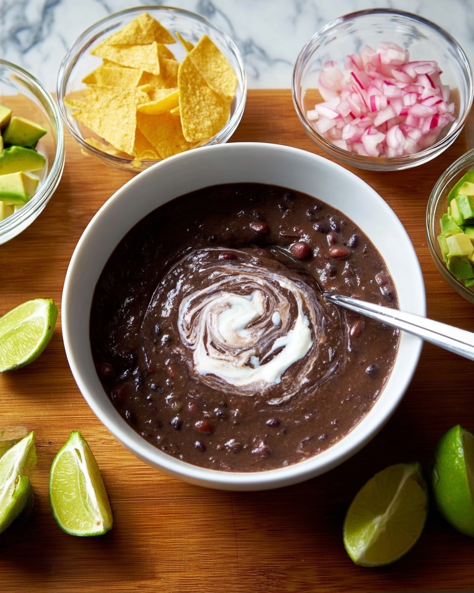 A white bowl filled with thick black bean soup with a swirl of white cream on top sits in the center, a silver spoon resting inside the bowl on the left side. Surrounding the bowl are small clear glass bowls holding diced light green avocado, pale yellow triangular chips, and thinly sliced pink onions. Two bright green lime wedges are placed near the bowls on a brown wooden surface with a white marbled texture background. The scene shows a fresh, colorful mix of foods with smooth, chunky, and creamy textures. photo taken with an iphone --ar 4:5 --v 7