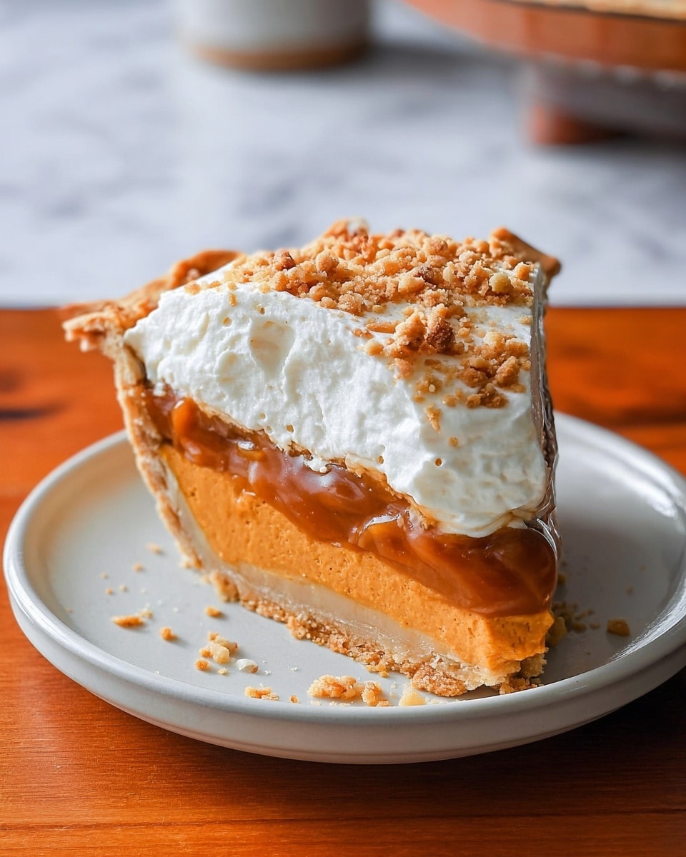 A slice of pie on a white plate shows four layers: a thin, light brown crust at the bottom; a sticky, smooth caramel layer above it; a thick, bright orange pumpkin filling with a creamy texture in the middle; and a fluffy white whipped cream layer on top sprinkled with crumbly brown nuts or streusel. The slice sits next to a golden spoon, and behind it, the rest of the pie in a white dish is placed on a wooden cake stand, all on a white marbled surface. photo taken with an iphone --ar 4:5 --v 7