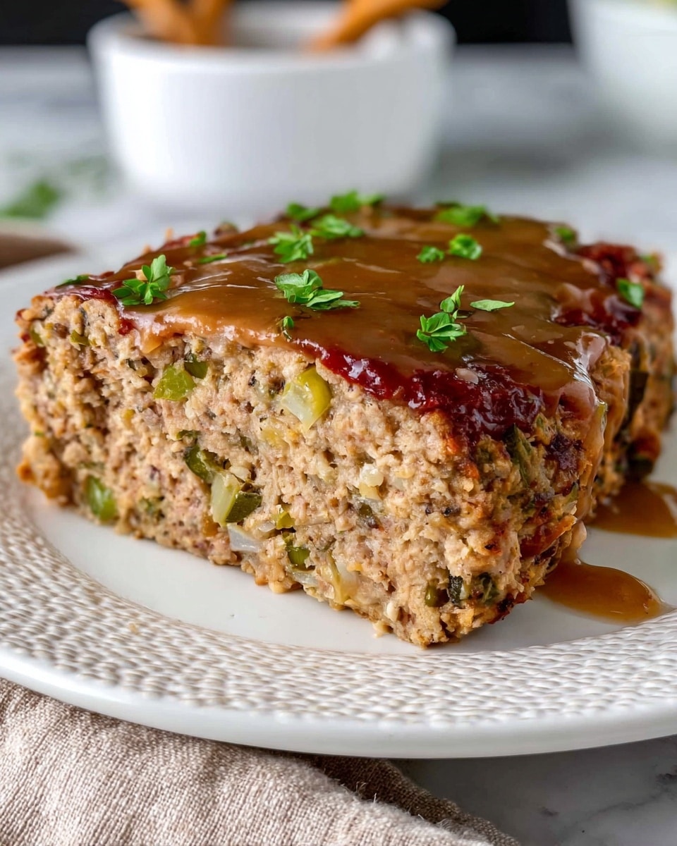 A thick slice of meatloaf sits on a white plate with a textured rim, showing a dense, crumbly inside mixed with small chunks of green vegetables and bits of onion. The top layer is a rich brown sauce that looks smooth and glossy, slightly running down the sides and pooling a little on the plate. A few fresh green herb leaves are scattered on top of the sauce, adding a contrast to the brown and beige colors of the meatloaf. The background includes a white marbled surface and a blurred white bowl with wooden utensils. photo taken with an iphone --ar 4:5 --v 7