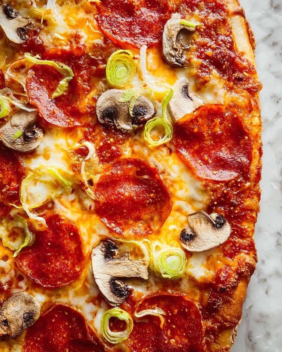 A close-up view of a pizza showing three main layers: at the bottom, a golden brown crust with a slightly uneven texture; above that, a thick layer of melted cheese in white and orange tones spread unevenly; topped with bright red pepperoni slices that have small pools of oil, scattered light brown mushroom slices with detailed gills facing up, and thin, curly pieces of greenish-yellow leek evenly spread across the surface. The pizza rests on a white marbled texture. photo taken with an iphone --ar 4:5 --v 7