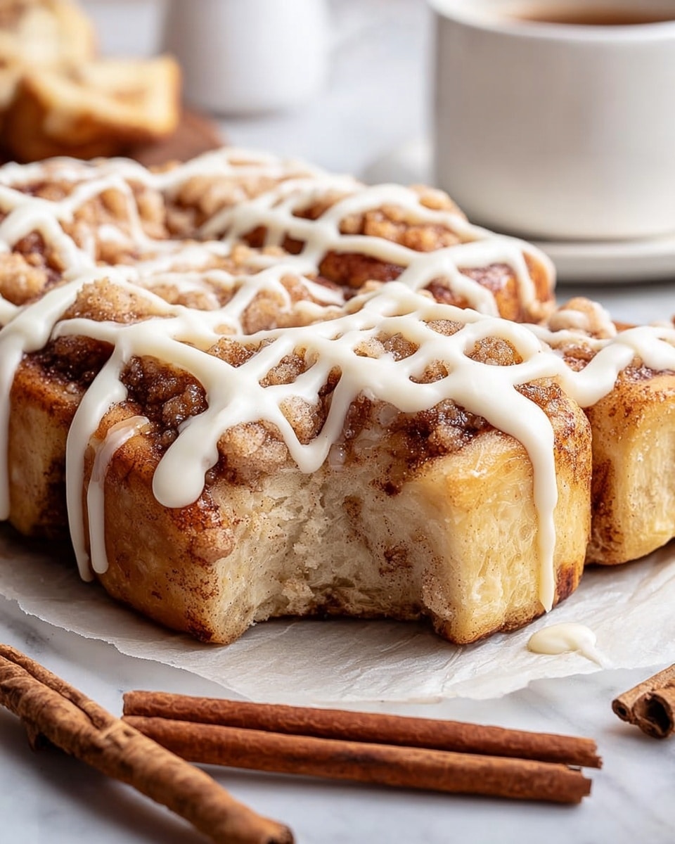 A close-up view of a cinnamon roll wreath made of many small, round cinnamon rolls stuck together in a circle. Each roll is light brown with a slightly crispy texture on top, sprinkled with cinnamon sugar, and topped with thick white icing piped in a crisscross pattern. One roll is being held gently by a woman's hand on the left side, showing more detail of the cinnamon sugar and soft inside. The rolls rest on white parchment paper placed on a wooden cutting board, with cinnamon sticks laid nearby. The background has a white marbled texture with blurred stacked white plates and more cinnamon rolls visible. Photo taken with an iphone --ar 4:5 --v 7