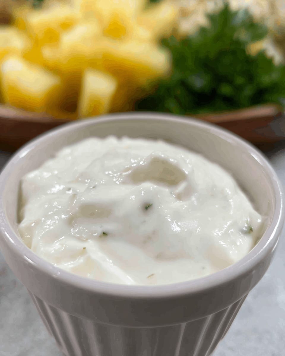 A close-up of a small white bowl filled with thick, creamy white dip with a smooth texture. The bowl is placed on a white marbled surface, slightly blurred in the background are yellow potato cubes and green herbs, adding a soft contrast. The dip looks fresh and rich, filling the bowl almost to the top with slight ripples on its surface. photo taken with an iphone --ar 4:5 --v 7