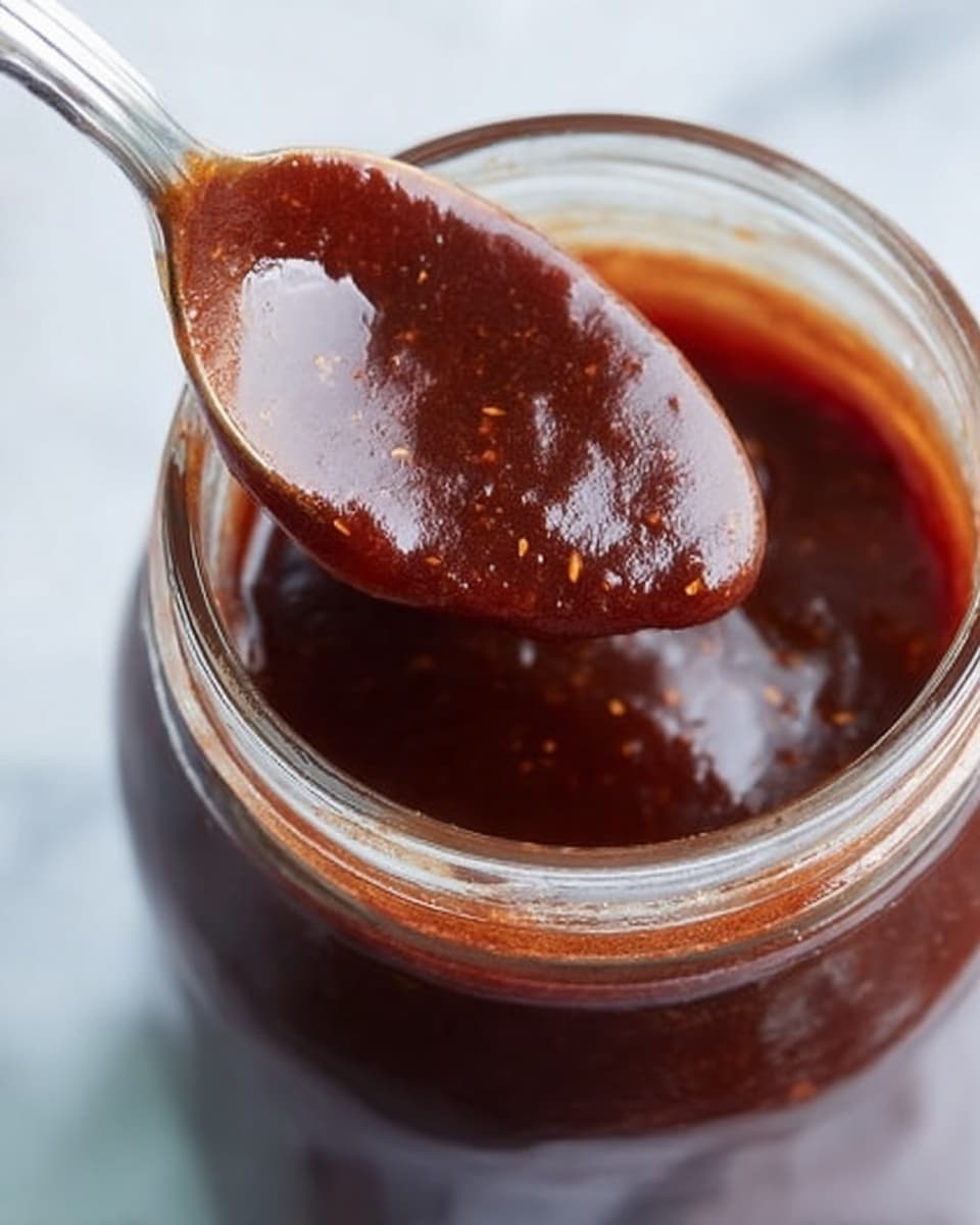 A close-up view of a jar filled with thick, dark reddish-brown sauce. A spoon dipped into the jar holds a generous scoop of the smooth, glossy sauce, showing its thick texture with small visible specks. The jar is clear glass, placed on a white marbled surface, giving a clean and bright background that contrasts with the rich color of the sauce. The spoonlit sauce shines under soft light, making it look rich and inviting. Photo taken with an iphone --ar 4:5 --v 7