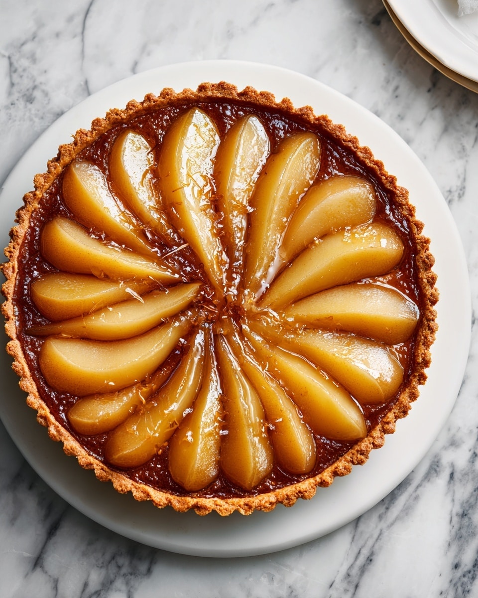 A round tart with one layer of golden brown flaky crust at the bottom, topped with a single layer of glossy caramelized pear slices arranged in a sunburst pattern with their pointed ends facing inwards, each slice showing a smooth shiny texture with some areas slightly darker from caramelization, all on a white plate with a white marbled background. photo taken with an iphone --ar 4:5 --v 7