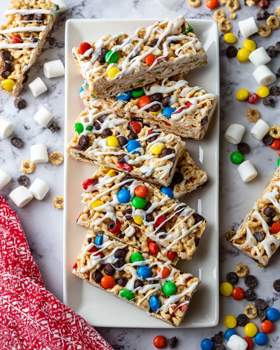 The image shows a white rectangular plate filled with seven pieces of colorful snack bars. Each bar has a base layer made of light tan cereal with a textured look, topped with bright multicolored candy-coated chocolates in red, blue, green, yellow, and orange, and scattered dark brown chocolate chips. The bars are drizzled generously with a smooth white drizzle on top, creating a contrast. The plate sits on a white marbled surface, which is scattered around with more small round cereal pieces, colorful candy-coated chocolates, small white marshmallows, and a red and white patterned cloth partially visible on the left side. Photo taken with an iphone --ar 4:5 --v 7