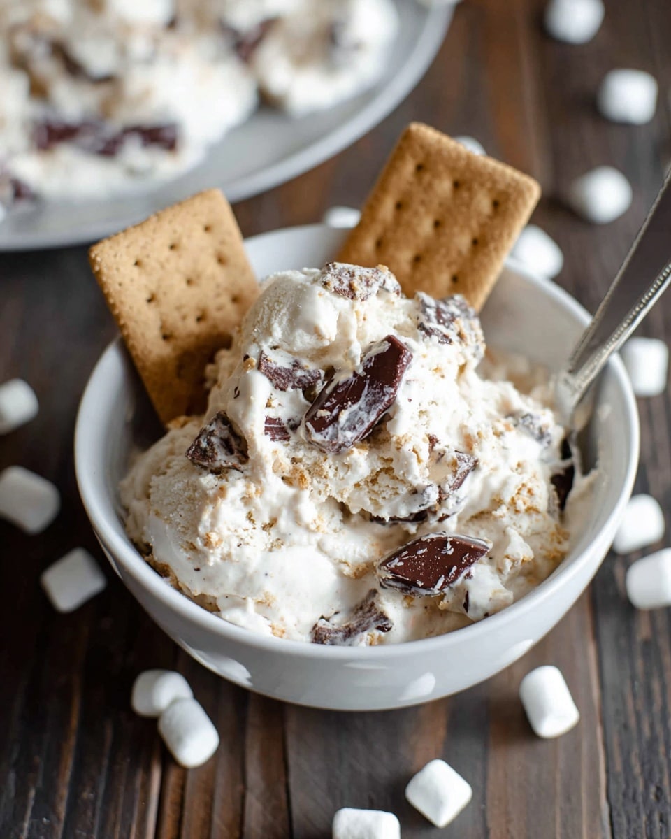A close-up view of a rectangular dessert in a gray metal loaf pan, showing three visible layers: the bottom layer is light brown and crumbly, the middle layer is white and marshmallow-like, and the top layer is decorated with small white marshmallows and chunks of dark chocolate scattered unevenly. Some dark chocolate sauce is drizzled over the top, adding a glossy texture. The pan sits on a dark wooden surface, with small white marshmallows scattered around it, and a silver spoon is placed to the right side of the pan. photo taken with an iphone --ar 4:5 --v 7