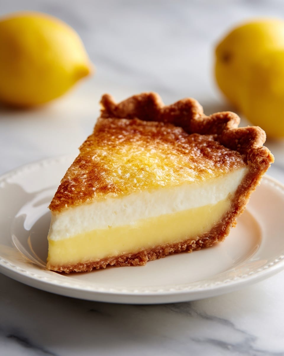 A single slice of pie sits on a white plate with a crimped, golden-brown crust forming the base and edge. The pie has two layers: the bottom layer is pale yellow and smooth, while the top layer is a thick, darker golden-brown with a slightly cracked texture. The pie slice is placed on a white marbled surface, with some yellow lemons in the background adding a soft pop of color. Photo taken with an iphone --ar 4:5 --v 7