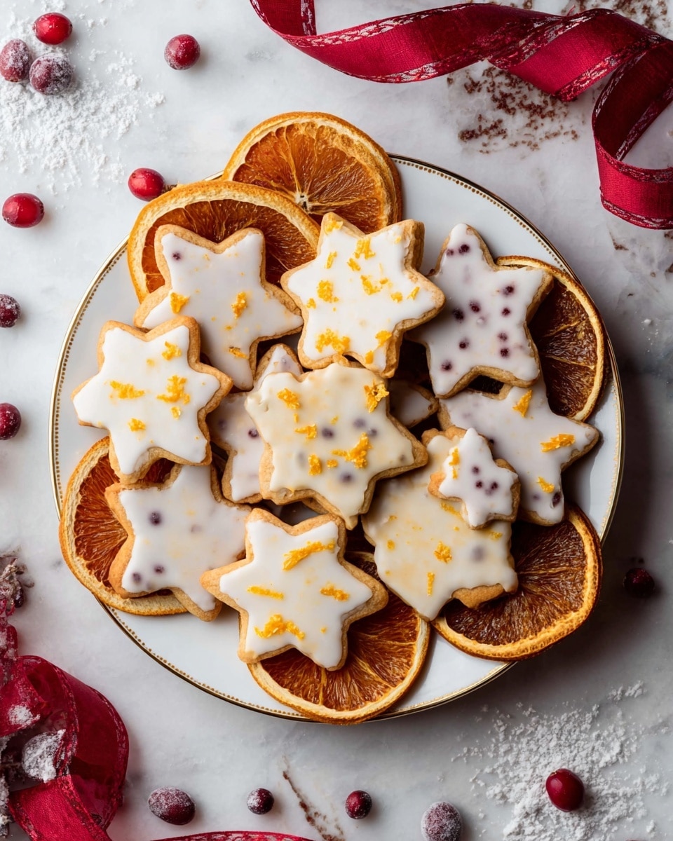 On a white plate with a gold rim, there are eleven star-shaped cookies arranged in a close group, some with a smooth white icing topped with small orange zest pieces and others plain with dotted dark spots inside; beneath the cookies and peeking out around the edges are several dried orange slices with a rich brown and orange color and textured rind. Scattered on the white marbled surface around the plate are a few red cranberries and more dried orange slices, with a red satin ribbon weaving in and out near the plate edge, and small white powdered sugar pieces sprinkled over the surface. photo taken with an iphone --ar 4:5 --v 7