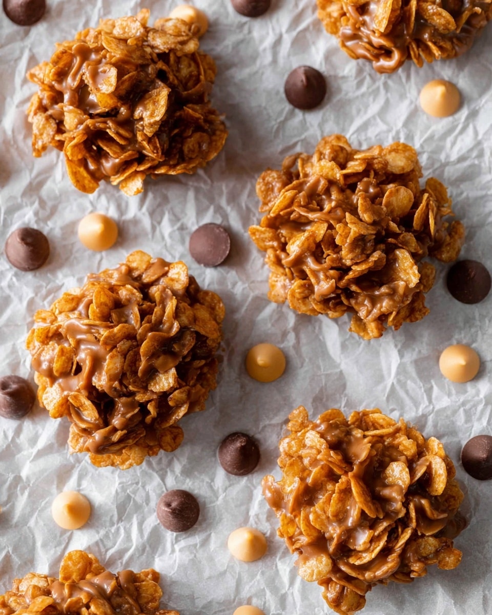 The image shows four clusters of crispy corn flakes coated with a smooth, caramel-colored chocolate spread, arranged evenly on crinkled parchment paper. Each cluster is roughly round, with the corn flakes tightly packed and glossy, giving a crunchy texture. Scattered around the clusters are small, round butterscotch and milk chocolate chips in light beige and dark brown colors, adding contrast. The soft lighting highlights the shiny coating and the textured surface of the flakes, all set against the white marbled texture underneath. photo taken with an iphone --ar 4:5 --v 7