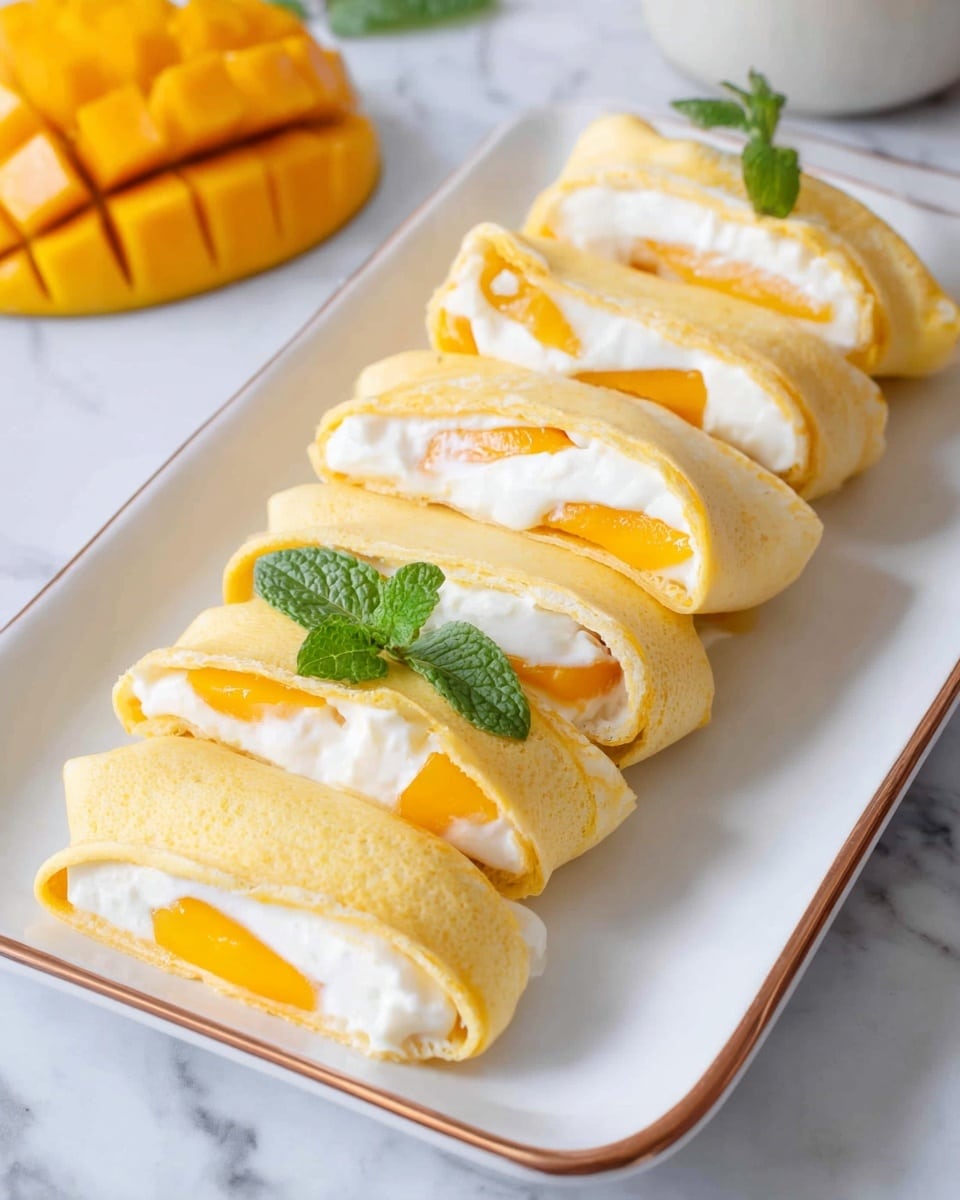 A white rectangular plate holds a row of six rolled crepes filled with three visible layers: a soft yellow crepe exterior, a thick middle layer of white cream filling, and an inner top layer of bright orange mango slices. The front crepe is open at one end with a fresh green mint leaf placed on top. To the left of the plate, part of a cut mango with a grid pattern is visible on a white marbled surface. Photo taken with an iphone --ar 4:5 --v 7