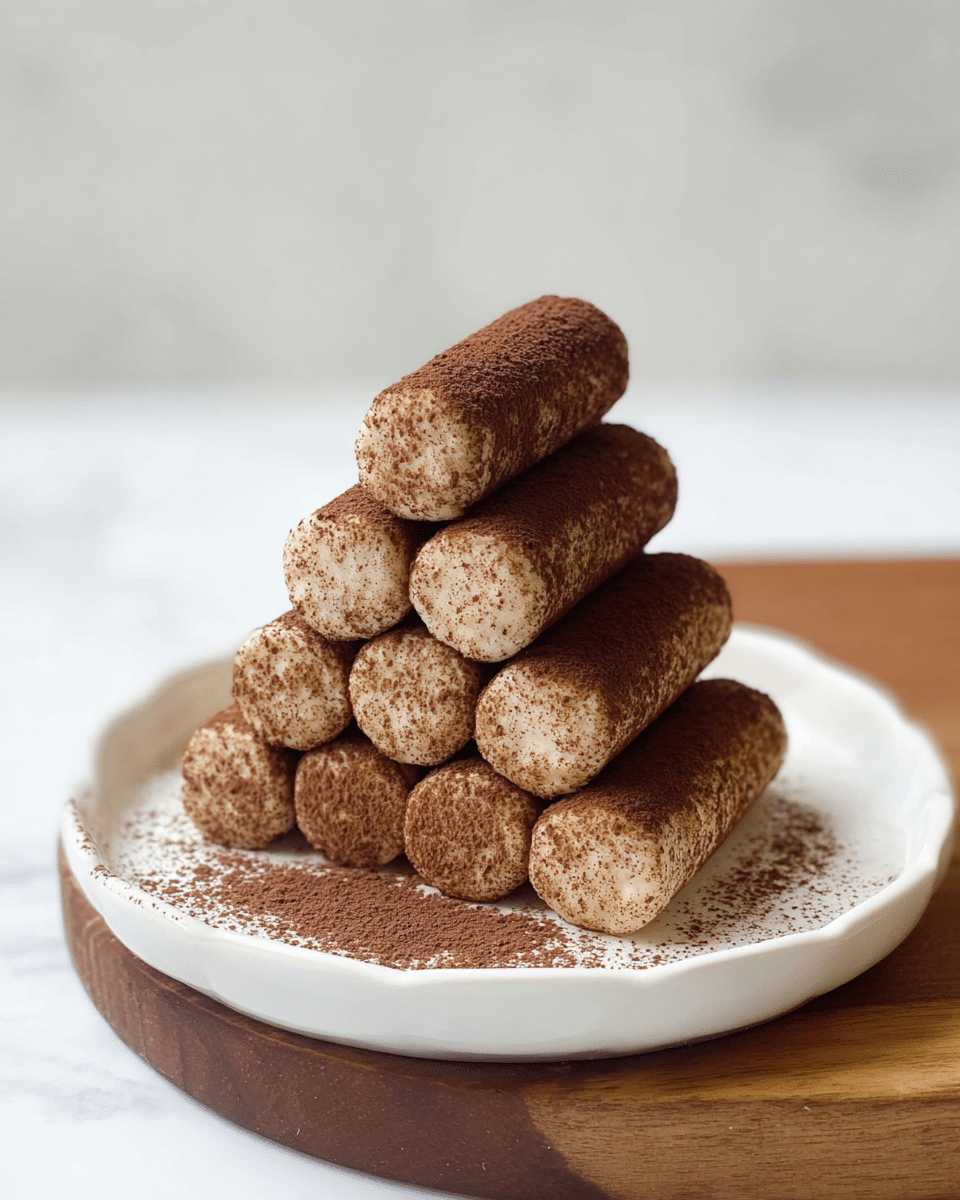 A pyramid stack of nine light beige cylindrical rolls coated evenly with fine brown powder, sitting on a simple white plate with a slightly scalloped edge. The rolls have a soft, powdery texture visible beneath the brown coating that looks like cocoa or chocolate dust. The plate rests on a wooden board that contrasts with the white marbled surface beneath it, creating a clean and bright setting. The background is soft and white, giving full focus to the textured stacked rolls. photo taken with an iphone --ar 4:5 --v 7