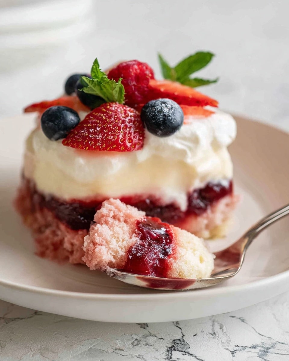 The dish is a layered dessert served on a white plate, resting on a white marbled texture. The bottom layer is a soft, pinkish cake with a slightly crumbly texture. Above that is a smooth, pale yellow creamy layer. The middle contains a thick, dark red fruit jelly layer. The top layer is a thick, fluffy white cream, decorated with fresh red raspberries, sliced strawberries, dark blue blueberries, and a sprig of green mint leaves. A spoonful of the dessert is scooped out, showing all the layers clearly. Photo taken with an iphone --ar 4:5 --v 7