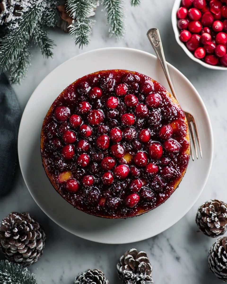A round cake with a rich, dark red top layer covered with whole red cranberries and chunks of yellow fruit evenly spread over it. The cake itself has a moist, dark brown bottom layer visible at the edges, sitting on a white plate. Around the plate are pine cones, fir tree branches dusted slightly with white powder, and a silver fork on the side, all placed on a white marbled surface. Near the top right corner, a white bowl filled with bright red cranberries is visible. photo taken with an iphone --ar 4:5 --v 7