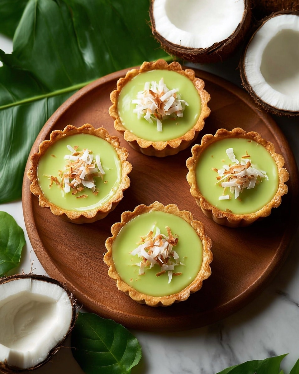 Four small tarts are arranged on a round wooden tray. Each tart has a golden-brown crust with scalloped edges. Inside, there is a smooth, shiny light green filling that looks creamy and glossy. On top of each tart, a small pile of toasted shredded coconut is placed in the center, adding a mix of white and light brown textures. Around the tray, halved coconuts with white flesh and dark brown shells, along with large green leaves, provide a fresh and natural background. The surface under the tray is a white marbled texture. Photo taken with an iphone --ar 4:5 --v 7