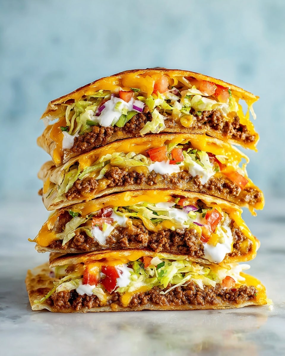 A stack of four folded tacos is shown, each taco cut in half to reveal its layers. Each taco has a golden-brown tortilla as the outer layer. Inside, there is a thick layer of ground beef cooked to a deep brown color. Above the beef, there is a mix of finely shredded light green lettuce and small red tomato pieces. Melted bright orange cheese drips over the other ingredients, and dollops of white sour cream are visible among the layers. The tacos are stacked neatly on a white marbled surface with a soft blue background. Photo taken with an iphone --ar 4:5 --v 7