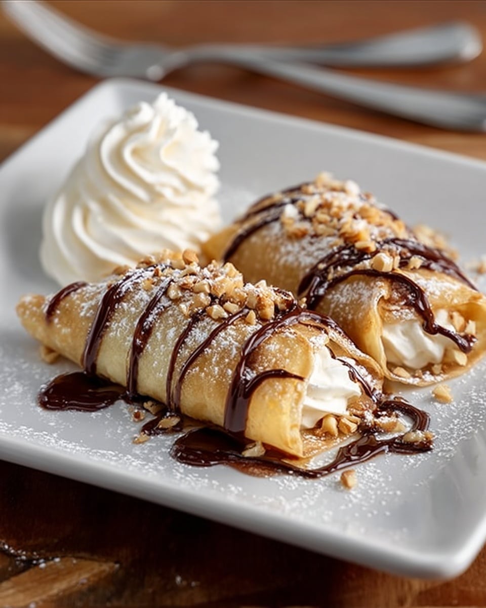 The image shows two rolled crepes on a white rectangular plate set on a white marbled texture surface. Each crepe is light golden brown and filled with a cream or banana layer that is slightly visible at the open ends. On top of the crepes, there is a sprinkling of chopped nuts with a drizzle of glossy chocolate sauce flowing down the sides and pooling a little on the plate. To the side of the crepes, there is a neat swirl of white whipped cream. The whole plate is lightly dusted with powdered sugar. Photo taken with an iphone --ar 4:5 --v 7