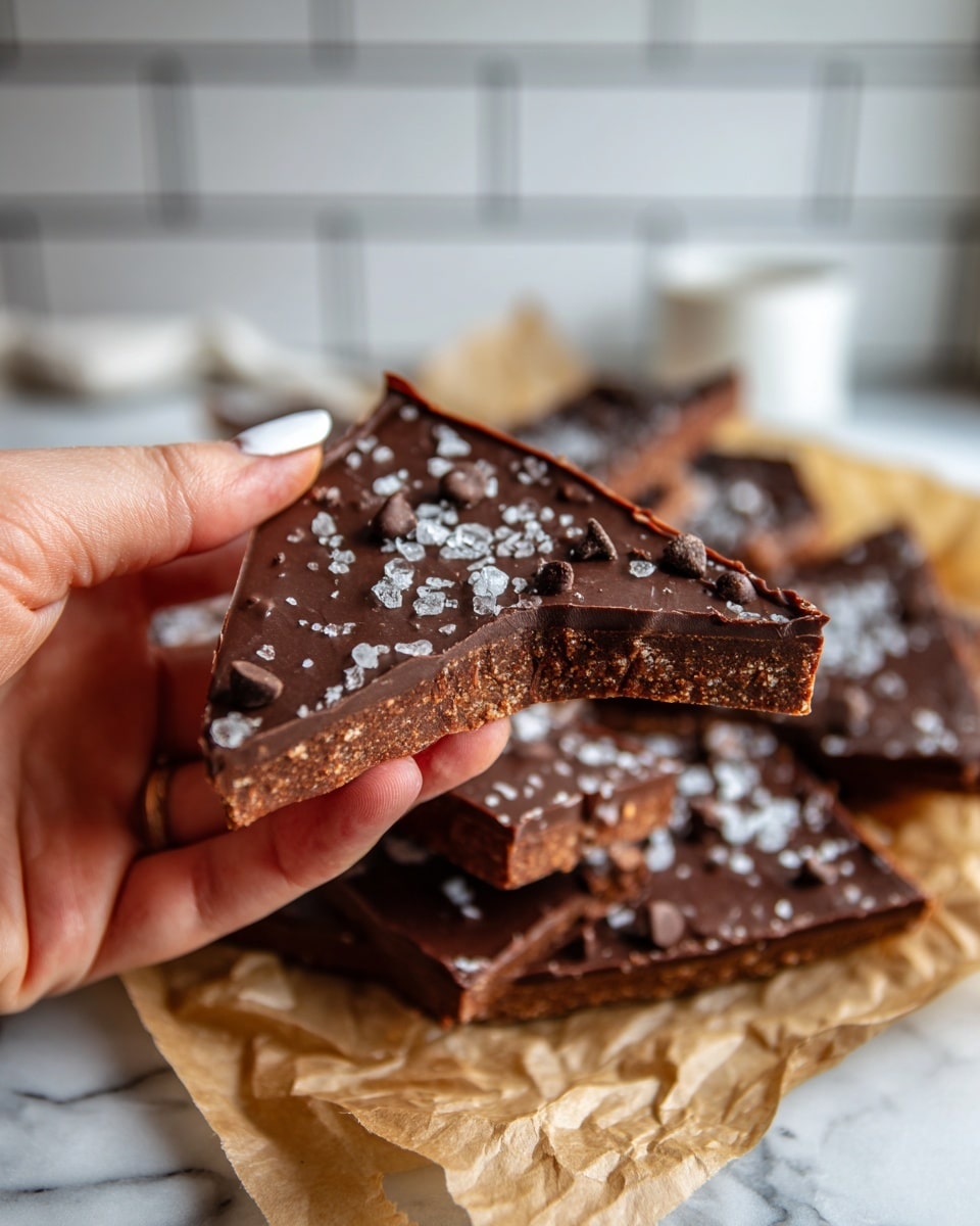 A close-up of a broken chocolate bark piece held by a woman's hand with light skin and white nail polish, showing two main layers: a thick, smooth, dark chocolate top layer sprinkled with sea salt crystals and chocolate chips, and a dense, crumbly brown base layer beneath it. Below, more irregularly broken chocolate bark pieces with similar texture and toppings are spread out on crumpled parchment paper, all placed on a surface with a white marbled texture. The background features white subway tiles. Photo taken with an iphone --ar 4:5 --v 7