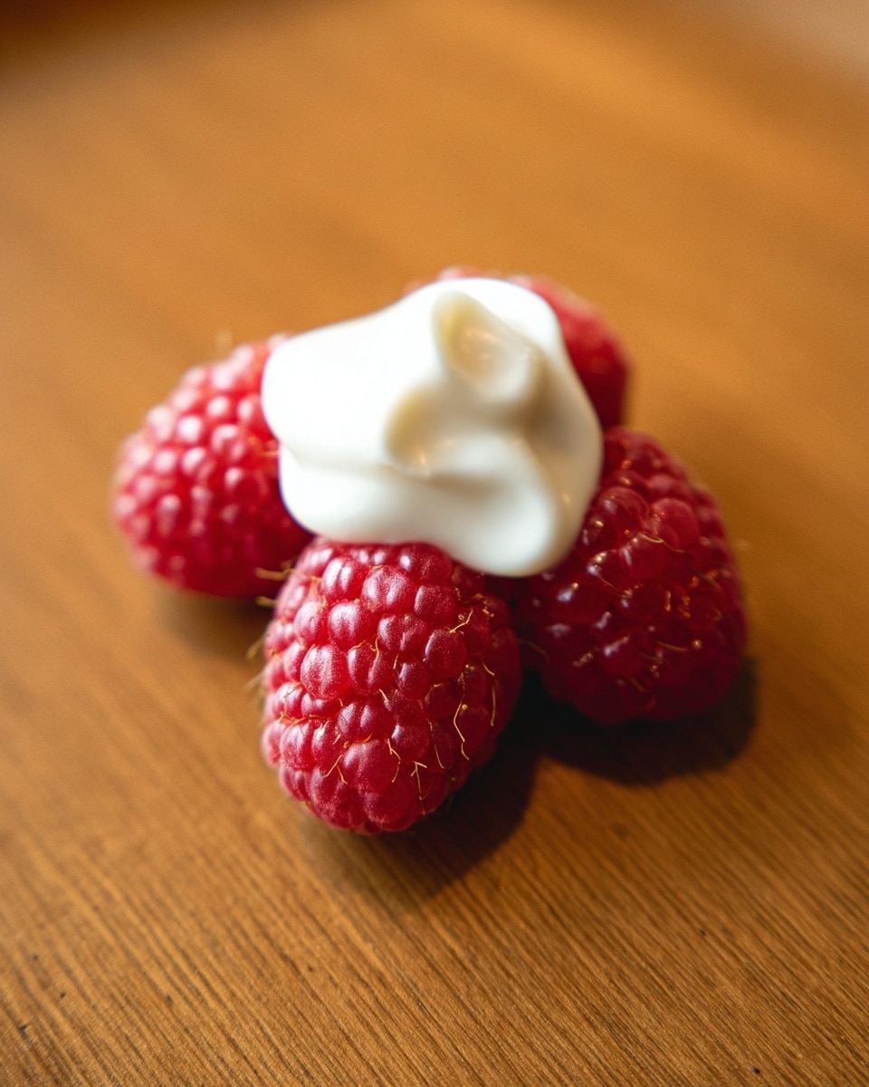 The image shows several fresh red raspberries placed on a white plate with a white marbled texture background. Each raspberry is topped with a dollop of smooth, creamy white chocolate on top, forming a layered dessert with two distinct parts: the bright red, textured raspberry on the bottom and the soft, glossy white chocolate on top. The focus is on the front raspberry with a gentle blur to those farther away, highlighting the contrast and texture of the two layers. photo taken with an iphone --ar 4:5 --v 7