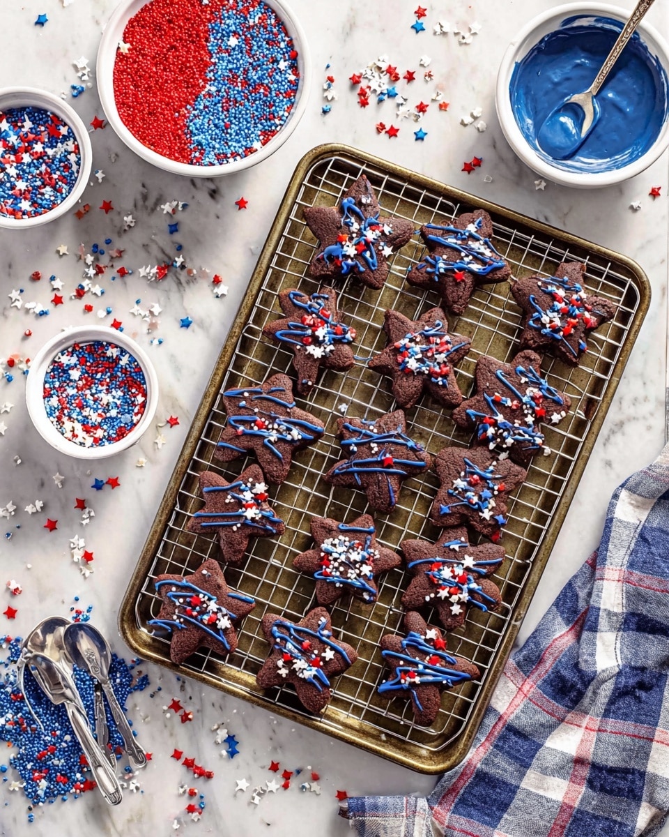 The image shows a baking tray with a wire rack holding about twenty star-shaped chocolate cookies. Each cookie has a rough, cracked texture and is decorated with thin blue drizzle and small red, white, and blue sprinkles of various shapes like stars and circles scattered on top. Around the tray, colorful sprinkles are scattered on a white marbled surface. To the top left, there is a white bowl filled with red, light blue, and white round and star-shaped sprinkles, and a blue-and-white plaid cloth nearby. To the top right, another white bowl contains blue melted icing with a spoon dipped inside. Photo taken with an iphone --ar 4:5 --v 7