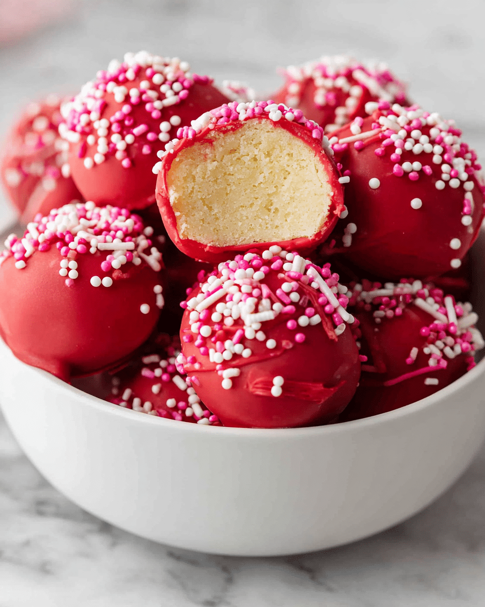 A white bowl filled with round cake balls coated in bright red chocolate, each topped with small white and pink sprinkles. One cake ball is cut in half and placed on top, showing a soft, pale yellow interior with a smooth texture. The red coating around the cake balls is glossy and slightly uneven, with the sprinkles adding a playful touch. The bowl sits on a white marbled surface, creating a clean and fresh look. photo taken with an iphone --ar 4:5 --v 7