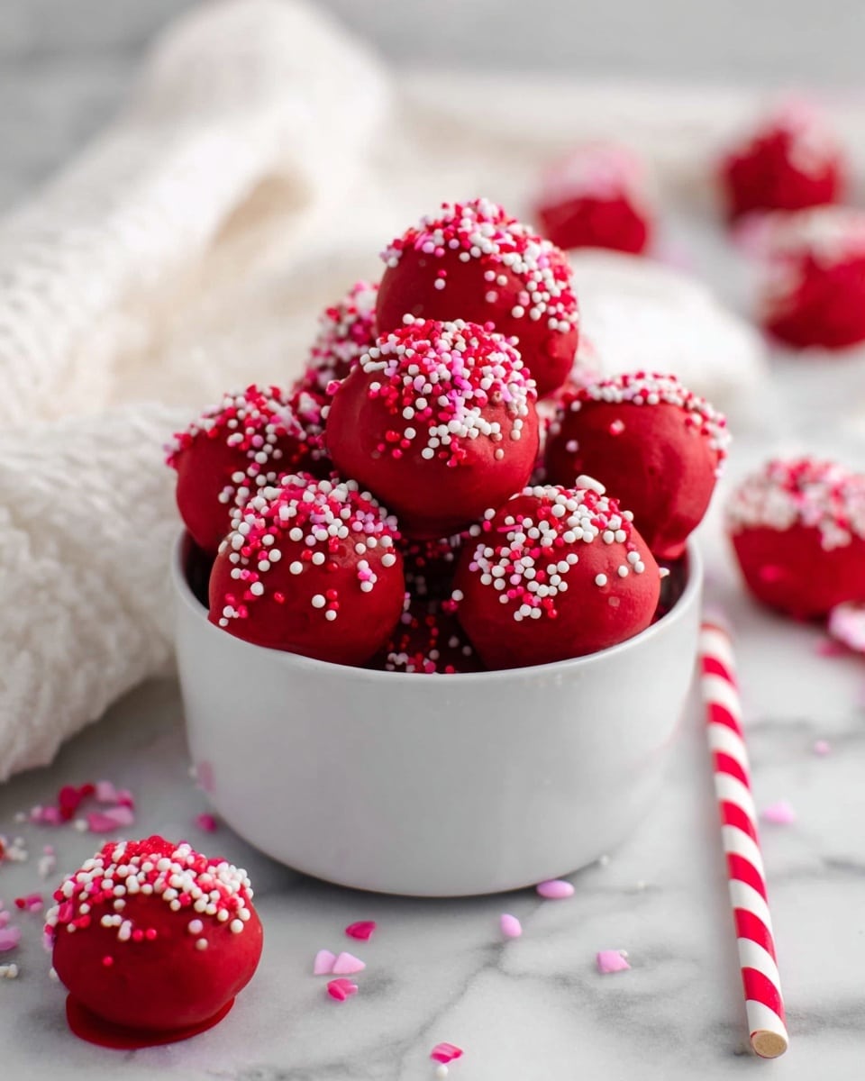 A white bowl filled with bright red round treats, each one coated with smooth red chocolate and topped with a mix of small white and pink sprinkles. The treats are piled high inside the bowl, with the layers showing the shiny red coating and the small, colorful sprinkles that add texture on top. Around the bowl, more of the red treats with the same sprinkle decoration are scattered on a white marbled surface. A white cloth and red-and-white striped straws are placed nearby, adding a soft and colorful background. photo taken with an iphone --ar 4:5 --v 7