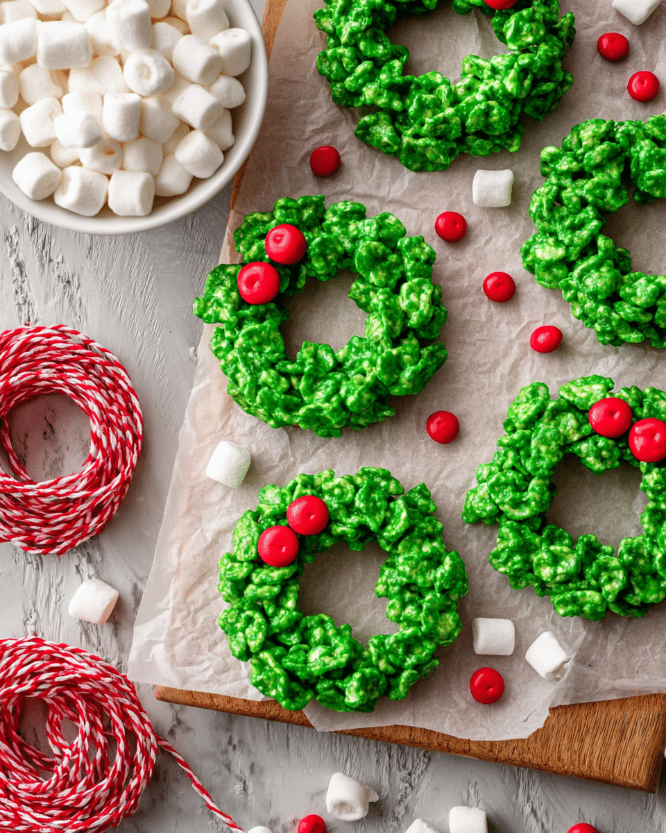 The image shows several green cornflake wreath-shaped treats arranged on white parchment paper over a wooden board, each wreath made with clusters of shiny green cornflakes forming a ring shape. Each wreath is decorated with three small red candy pieces, grouped like holly berries, placed on the upper right side of the wreath. Around the board, there are scattered red candies and small white marshmallows. To the top left, a white bowl filled with puffy white marshmallows is visible, next to a red and white twisted string loosely coiled on a white marbled surface. photo taken with an iphone --ar 4:5 --v 7