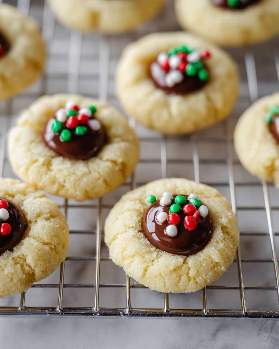 The image shows soft, round cookies with a pale yellow color arranged on a metal wire cooling rack, placed over a white marbled surface. Each cookie has a central well filled with smooth, dark brown chocolate, topped with small, round sprinkles in red, green, and white colors. The cookies have a lightly cracked texture on their surface, and the chocolate appears glossy and slightly melted where it touches the cookie. Photo taken with an iphone --ar 4:5 --v 7