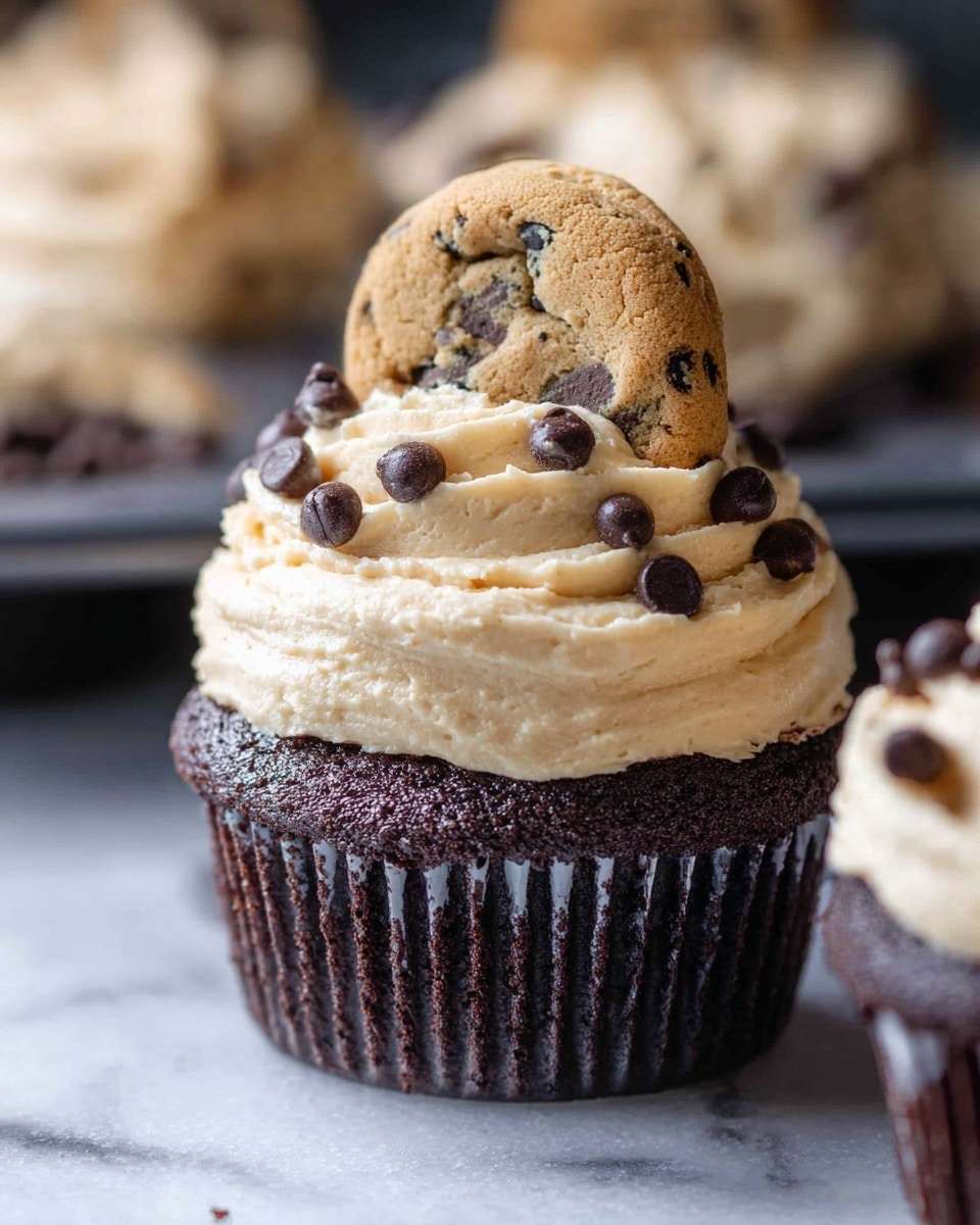 The image shows a dark chocolate cupcake as the bottom layer, topped with a thick, creamy, light beige frosting embedded with small chocolate chips. On top of the frosting sits a small chocolate chip cookie, adding a third layer with a rough texture and golden brown color with dark spots. The cupcake rests in a dark metal cupcake tray, all set against a white marbled texture. Photo taken with an iphone --ar 4:5 --v 7
