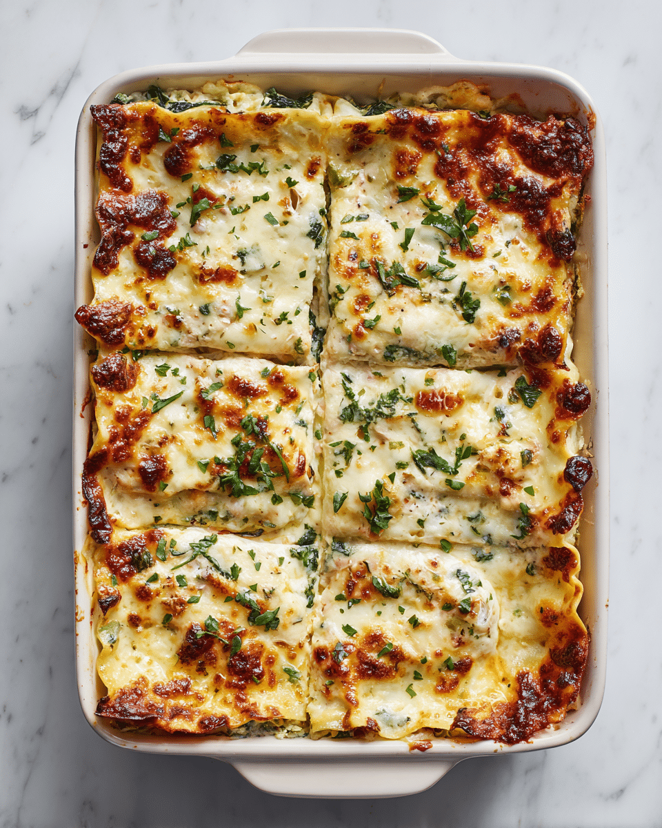 A white rectangular baking dish holds a cooked lasagna with a golden-brown layer of melted cheese on top, scattered with small bits of fresh green herbs. The cheese layer shows hints of browned spots and slightly crispy edges. Beneath the cheese, ribbons of dark green spinach peek through, spread evenly across the lasagna. The lasagna is cut into six large rectangular pieces, arranged in two rows of three, with visible layers of tomato sauce and pasta beneath the creamy, bubbly cheese. The dish sits on a white marbled surface. photo taken with an iphone --ar 4:5 --v 7