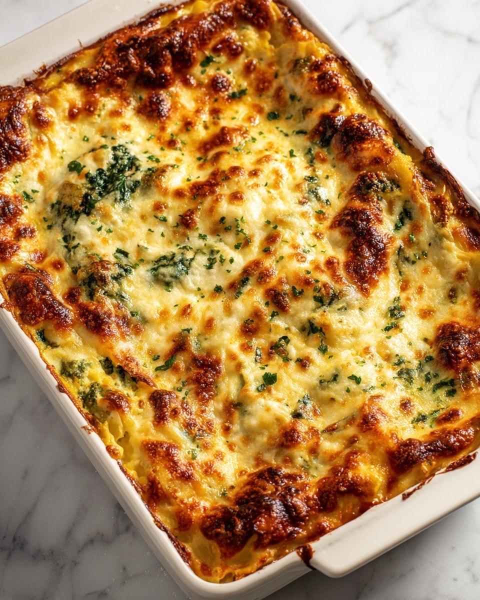 A baked lasagna in a white rectangular dish showing a top layer of melted cheese that is golden-brown with bubbly spots and slightly browned edges. Underneath the cheese are visible hints of green leafy vegetables spread evenly throughout. The lasagna looks thick with several layers likely alternating pasta sheets, cheese, and vegetables, giving it a rich and soft texture. The dish sits on a white marbled surface. photo taken with an iphone --ar 4:5 --v 7
