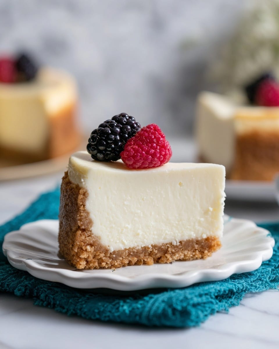 A slice of cheesecake with three visible layers: the bottom layer is a crumbly light brown crust, the middle layer is a thick, smooth, creamy white cheese filling, and the top layer is a thin, pale cream-colored topping. Two berries, one red raspberry and one dark blackberry, sit on top of the slice as decoration. The cheesecake slice is on a white scalloped plate, placed on a teal blue cloth, all set against a white marbled texture surface. In the background, two other cheesecake pieces are softly blurred. Photo taken with an iphone --ar 4:5 --v 7