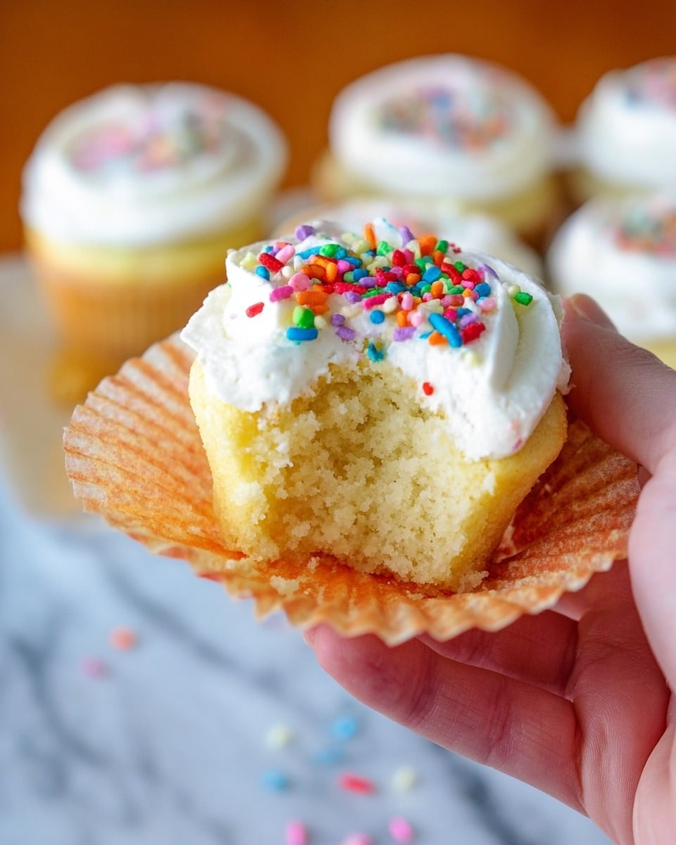 A close-up view of a yellow cupcake held by a woman's hand, the cupcake liner is pulled down to reveal the soft, moist inner cake with a bite taken out from the side. The cupcake is topped with a thick layer of smooth white frosting sprinkled with small, round, colorful candy sprinkles in red, green, blue, orange, and purple. The background shows more cupcakes blurred out, and the whole scene is set on a white marbled surface. Photo taken with an iphone --ar 4:5 --v 7